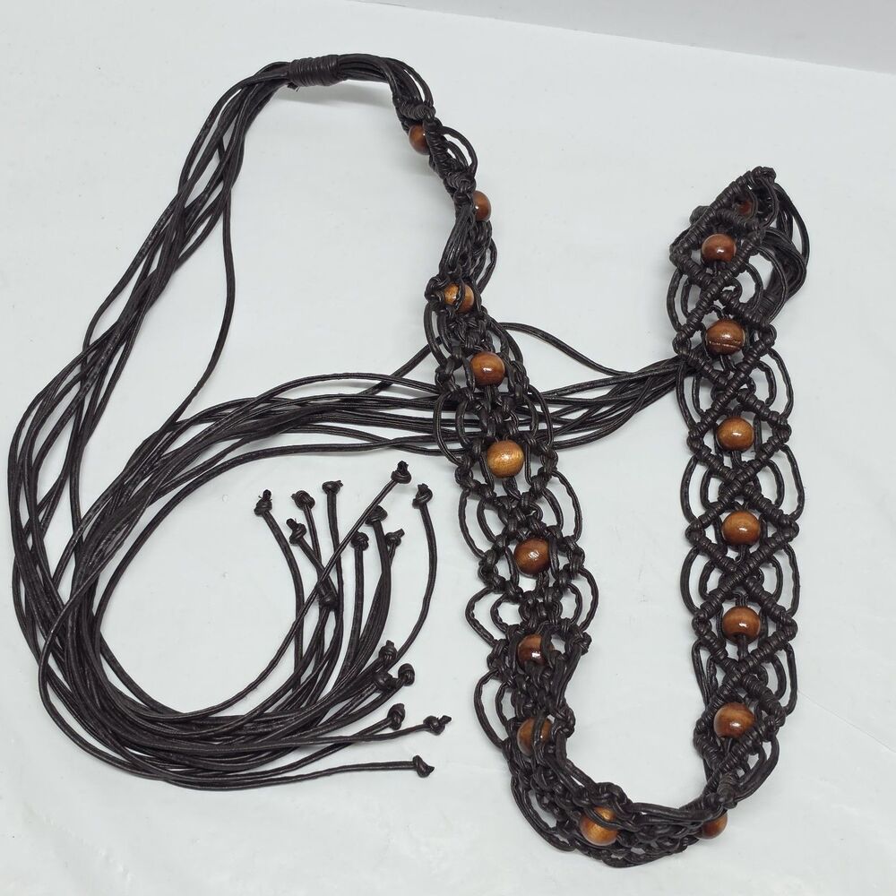 Vintage 1970s Brown Leather Macrame Belt Wood Beaded Fringed Ties Women's Boho